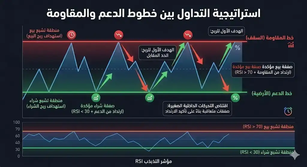 استراتيجية التداول بين خطوط الدعم والمقاومة