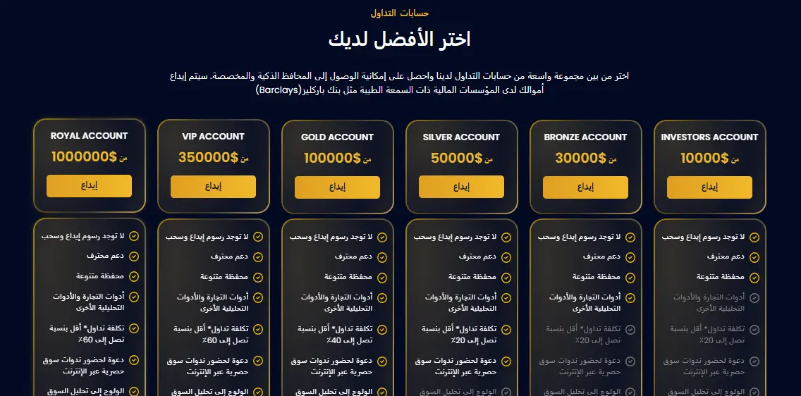 أنواع الحسابات المتوفرة لدى شركة Trade matics