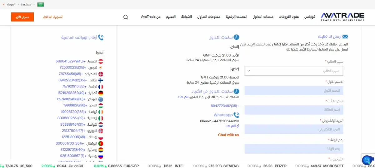 معلومات الاتصال مع شركة افاتريد Avatrade